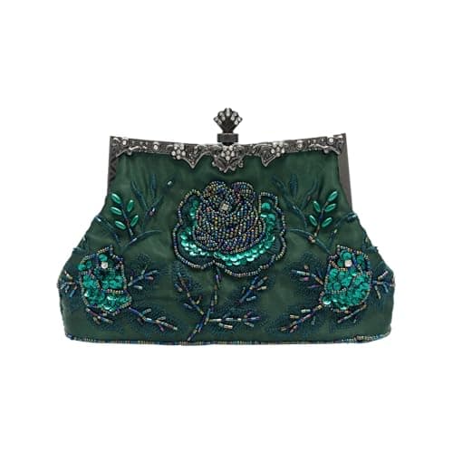 Image of CORIOS Vintage 1920s Beaded Evening Bag Pearl Clutch Bag for Women Sequin Handbag Bridal Wedding Purse Exquisite Handmade Embroidery Floral Shoulder Bag Glitter Crossbody Bag for Prom Party Green