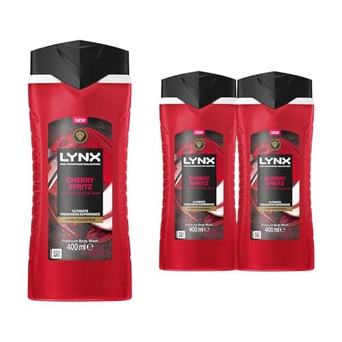 Image of Lynx Fine Fragrance Collection Body Wash for Men Cherry Spritz, Pack of 3, Premium Shower Gel Infused with Essential Oils That Gives You 12 Hours of Freshness, 400 ml