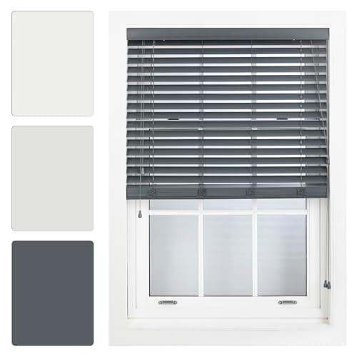 Image of FURNISHED Dark Grey Faux Wood Venetian Blinds 50mm Easy Fit Trimmable Child Safe Home Office Window Blinds, 70cm x 150cm