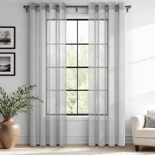 Image of MRTREES Grey Voile Curtains 90 Drop Pair, Long Sheer Net Eyelet Curtains for Living Room and Bedroom, 2 Panels Semi-Transparent Window Treatments 140x228 CM 55x90 Inch Grey