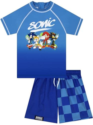 Image of Sonic The Hedgehog Boys Swimming Costume, Sonic 2 Piece Boys Swim Set, Kids Rash Vest and Swimming Shorts, Age 7-8 Years Blue