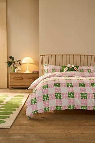 Image of Orla Kiely Bedding - Floret Check Dill Pink 100% Cotton Duvet Cover Set 200 Thread Count (Double Duvet Cover Set: 200cm x 200cm)