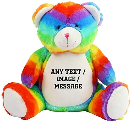 Image of Getagift Personalised with your Own Text/Image/Message themed Soft Toy for Boy or Girl, New Baby Newborn Rainbow Bear Teddy Birthday.