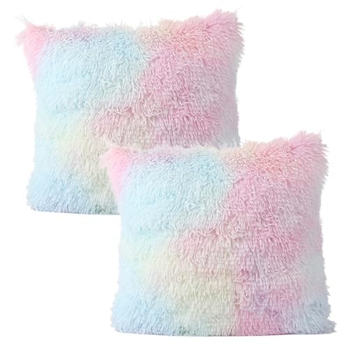 Image of DAVBNM Pack of 2 Soft Striped Cushion Cover (45cm x 45cm,Rainbow color), Plush Decorative Pillow Case Cover Sofa, Covers Luxury Pillowcases for Livingroom Sofa BedroomRoom Decor