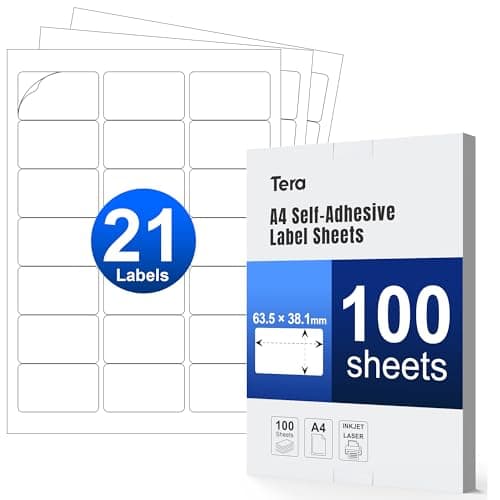 Image of Tera A4 Address Shipping Stickers Labels: 63.5 x 38.1mm 21 Label Per Sheet 100 Sheets Self Adhesive Blank White Labels for Laser Inkjet Printers Handwriting Friendly Waterproof for Office Business Use