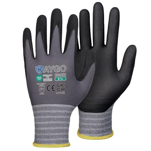 Image of KAYGO Micro Foam Nitrile Coated Work Gloves 12 Pairs, Nylon Liner, Breathable and Flexible, Light Oil Grip, for Warehouse, Construction, DIY, Auto Repair, KG18N (Large, Grey)