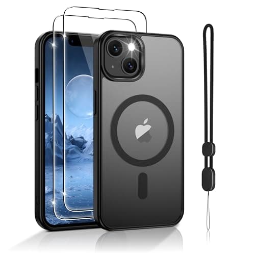 Image of Jshru Magnetic for iPhone 13/iPhone 14 Case,Compatible with Magsafe,with Lanyard and HD Screen Protectors,[Durable & Sturdy] Slim Translucent Protective Cover,iPhone 13/14-Black