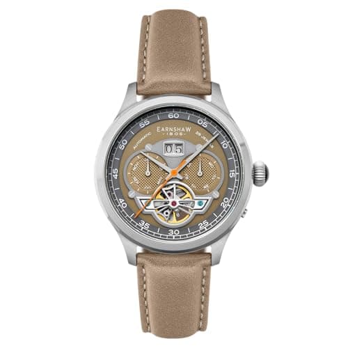 Image of Thomas Earnshaw Men's 43mm Baron Grand Date Calendar Open Heart Automatic Bog Green Watch with Leather Strap ES-8187-06