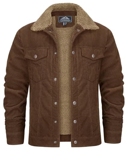 Image of KEFITEVD Corduroy Jacket Men Cotton Sherpa Fleece Lined Trucker Coat Thermal Lapel Collar Jackets with 5 Pockets,Brown,L