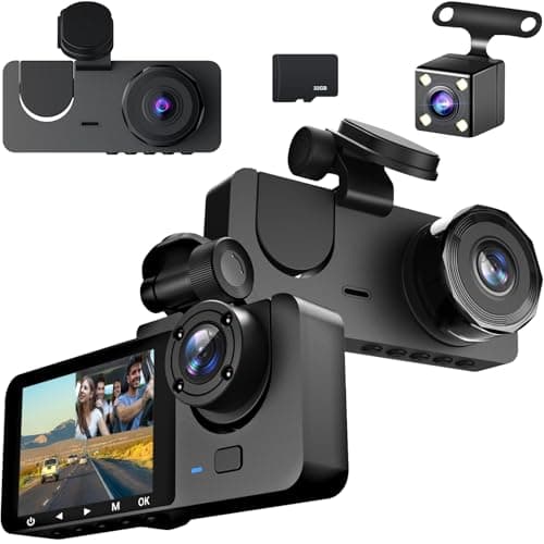 Image of Car Camera 1080P, Dash Cam Front Rear Inside with 32GB SD Card, Car Dashcam with Parking Monitor, Infrared Night Vision, G-Sensor, Loop Recording. (Standard Version)