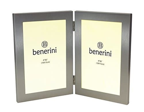 Image of Brushed Aluminium Satin Silver Colour - Twin 2 Picture Vertical Double Folding Photo Frame - Takes 2 Photos of 4 x 6 inches (10 x 15 cm) (Portrait Style)