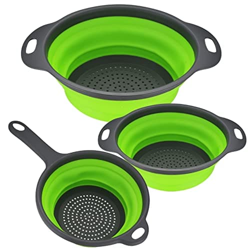 Image of 3 Pcs Collapsible Colanders Set, Silicone Colanders & Food Strainers, Foldable Filter Drain Baskets, Green Kitchen Strainer Washing up Bowl with Handle for Draining Pasta Fruits Vegetable Colanders