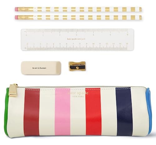 Image of Kate Spade New York Pen and Pencil Case with Office Supplies, Zip Pouch Includes 2 Pencils, Sharpener, Eraser, and Ruler (Adventure Stripe)