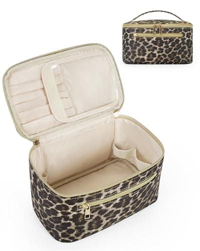 Image of Travel Makeup Bag with Brush Compartment, Large Cosmetic Bags, Quilted Fabric Makeup Case with Handle, Water-Resistant for Women, Leopard (Patent Pending)