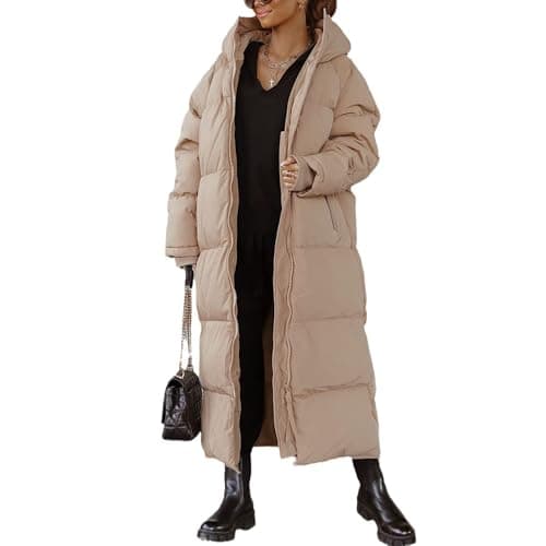 Image of EsukAr Women Long Quilted Coat Hooded Maxi Length Long Sleeve Puffer Jacket Padded Coat Winter Outerwear,camel,XXL