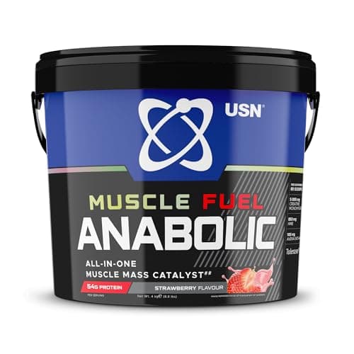 Image of USN Muscle Fuel Anabolic All-In-One Muscle Mass Gainer, Strawberry Flavour - 4kg, 54g Protein Powder, 5g Creatine Powder & 5g BCAA Powder For Maximum Muscle Growth, Post Workout Recovery Drink Mix