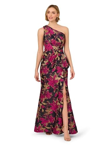 Image of Adrianna Papell Women's One Shoulder Jacquard Dress Special Occasion, Navy/Pink, 18