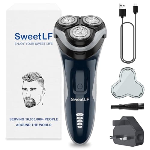 Image of SweetLF Electric Razor for Men, 120 Min Shaving, Fast UK Adapter (1H Charging),100% Waterproof, Wet & Dry Rotary Shavers for Men with Pop-up Trimmer, LED Display, Dark Blue