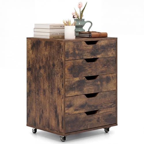 Image of CASART Rolling File Cabinet, 4/5/7 Drawers Freestanding Storage Organizer Cupboard on Wheels, Home Office Lateral Filing Chest (5 Drawers, All Rustic Brown)