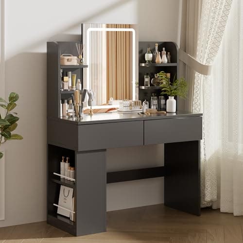 Image of Airfish Dressing Table with LED Light,Vanity Desk with Mirror and Concealed LED Light Strip, MakeUp Desk with Two Drawers and One Sideboard,Modern (Black, 90 x 40 cm)