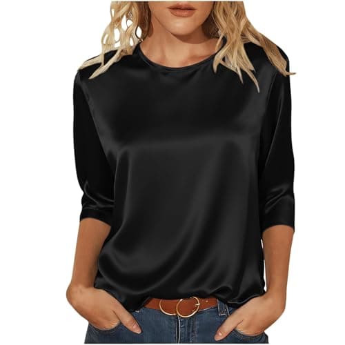 Image of Satin Tops for Women Elegant Going Out Tops Crew Neck 3/4 Sleeve Silk Blouse Ladies Tshirts Shiny Baggy Fashion Tunic Top Casaul Loose Party Business Blouse for Ladies Work Office Evening Tops Black