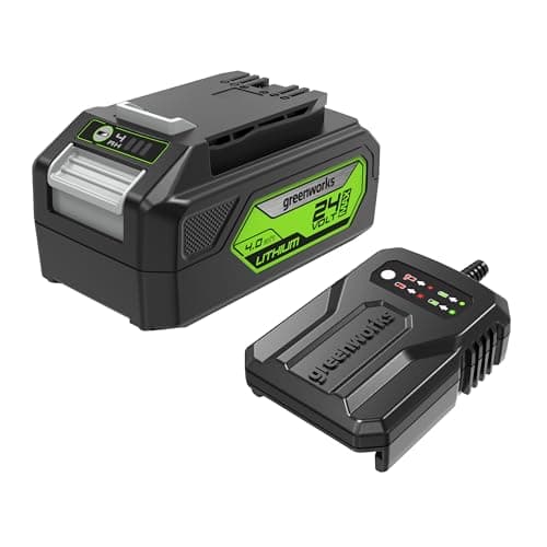 Image of Greenworks 24V Battery and Charger. Original Greenworks Battery and Charger for All 24V Garden and Power Tools. 60W Output. 120mins Charge Time 4Ah Lithium-Ion Battery. Battery G24B4 & Charger G24UC