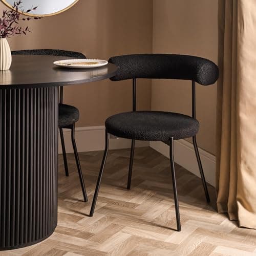 Image of OHS Dining Chair with Solid Metal Legs, Modern Upholstered Boucle Chair with Padded Seat & Backrest Stylish Kitchen Chairs Soft Comfy Dining Chairs for Home Restaurant, Black
