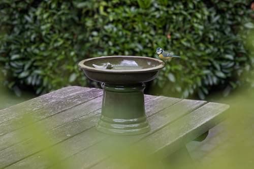 Image of SMALL CERAMIC BIRDBATH ON PEDESTAL GREEN