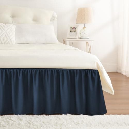 Image of RIMELA Navy Blue Bed Valance Double Elastic Bed Skirt, Bed Valance Sheet Easy to Install, Lightweight Wrap Around Adjustable Bed skirt - 38 cm Drop - (135cm x 190 cm)