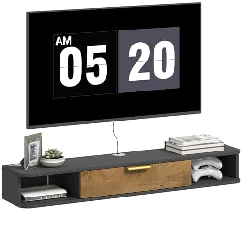 Image of HOMCOM 120 cm Floating TV Stand Cabinet, Wall Mounted TV Cabinet with Open Compartments and Flip Door, Modern Entertainment Media Console for Living Room, Charcoal Grey