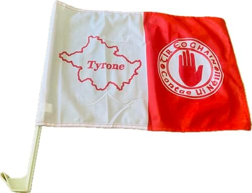 Image of Tyrone GAA Car Flag, Official All Ireland County Mini Crested, 30 x 40 cm, Red and White map design
