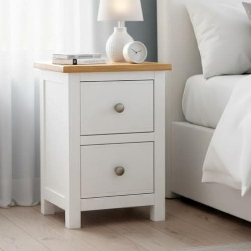 Image of GROF GROFurniture Bedside Table 2 Drawers, Solid Wooden Side End Bedside Cabinet with Oak Top, Narrow Bedside, Oak Side Table for Bedroom or Livingroom, Ready Assembled (White 2 Drawers)