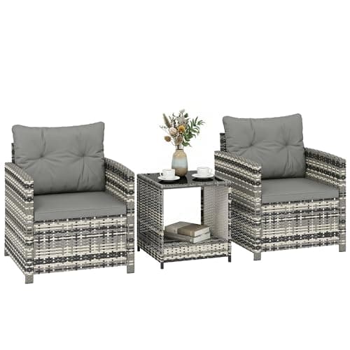 Image of Outsunny 3 Piece Rattan Bistro Set, PE Wicker Garden Furniture Conversation Set, 2 Tier Glass-Top Bistro Table and Chairs for 2 with Cushions for Patio, Balcony, Porch, Mixed Grey