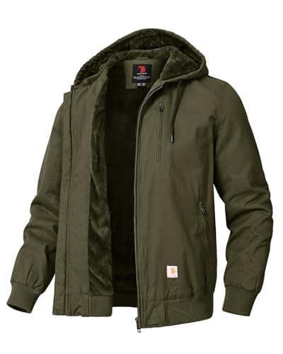 Image of donhobo Men's Winter Outdoor Fleece Lining Jackets Full Zip Hiking Winter Coat with Hood Warm Work Coats for Men Casual Jacket for Running Cycling Hunting Fishing(Army green, M)