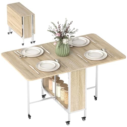 Image of HOMCOM Mobile Drop Leaf Table, Folding Dining Table with 6 Wheels & Storage Shelf for Small Spaces, Kitchen, Dining Room, Natural Wood Finish