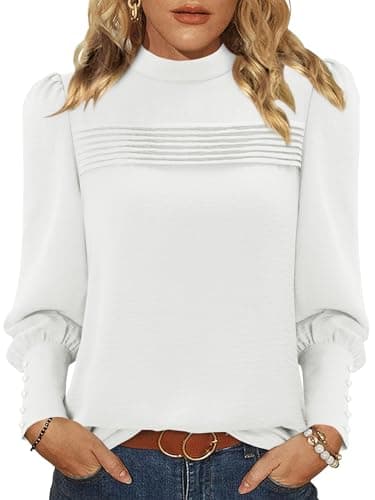 Image of KISSMODA Womens Puff Long Sleeve Mock Neck Blouses Pleated Front Shirts Basic Trendy Dressy Tunic Tops Solid Color Fall Outfits with Button Cuff White