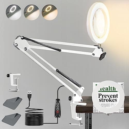 Image of Magnifying Glass with Light,10X Desk Clamp LED Magnifier Lamp,3 Color&10 Dimmable Modes,USB Rechargeable, Adjustable Arm, Real Glass Lens for Diamond Painting Reading Close Work Hobbies Crafts Sewing