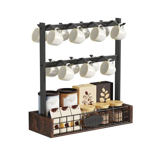 Image of YITAHOME Countertop Mug Holder with 7 Hooks and Storage Base, Metal Mug Stand with Guardrail Shelf, Black Cup Organizer for Kitchen, Dining Room, and Coffee Bar