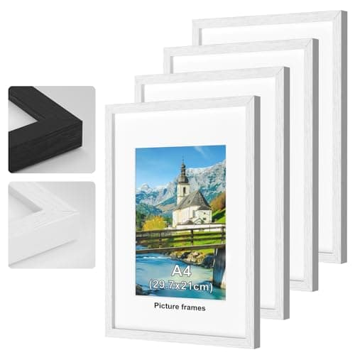Image of 4Pack A4 Picture Frame, White Wooden Picture Frames, 29.7x21cm Photo Frame with Perspex Glass, With Stand and Wall Mountable, Horizontal or Vertical Wall Mounting, Bedroom and Living Room Decoration