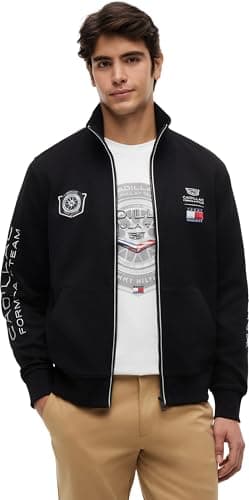 Image of Tommy Hilfiger Unisex Sweatshirt with Zip TH X Cadillac F1 Racing Track Top with Stand Collar, Black (Black), L