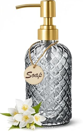 Image of Bingobang Bathroom & Kitchen Glass Soap Dispenser with Hand Gold Pump 304 Rustproof Stainless Steel, 16 Oz Refillable Liquid Hand Wash Jar Dispenser Lotions Shampoo Bottle for Laundry Room (Grey)