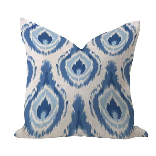 Image of Abstract Geometric Ethnic Oriental Ikat Blue Throw Pillow Covers 16x16 Burlap Linen Rustic Pillows Cushion Covers Blue Fresco Euro Sham Square Cushion Case for Hotel Indoors Outside Garden Decoration