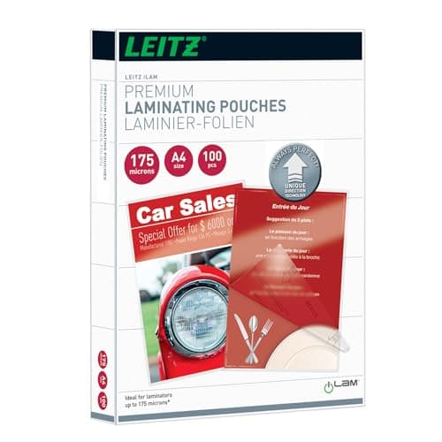 Image of Leitz 74830000 Laminating Pouches Made of 175 Micron Thick Material (Transparent, Glossy, A4 and UDT) - Pack of 100