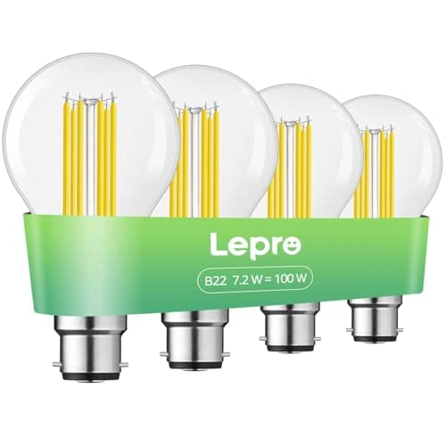 Image of Lepro B22 Bayonet Light Bulb, A-Rated Ultra-efficient LED Bulb, 7.2W = 100W, 1521lm, 2700K Warm White, 50000H Lifespan, Clear Filament, Vintage Glass, Non-dimmable, Pack of 4