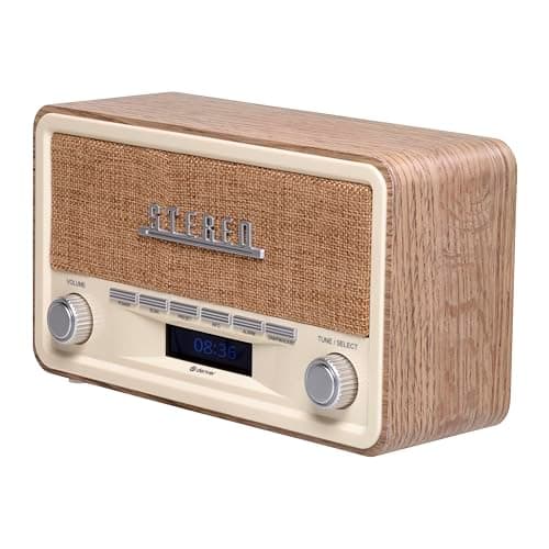 Image of Denver DAB-18 Vintage Style Stereo DAB/DAB+ & FM Radio – Real Wood Cabinet, Bluetooth, Clock Radio Alarm, AUX IN for Smart Phone/Tablet / MP3 Player – Mains or Battery