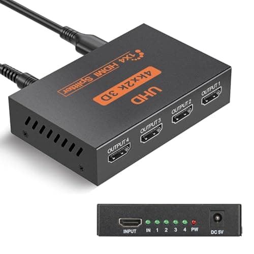 Image of HDMI Splitter 1 in 4 Out, 4K@30Hz HDMI Hub with Power Cable - 4 Way Box for UHD Audio/Video Sync, Supports HDTV/Projector/PC/Laptop/PS3/DVD (Black, USB Power Cable)