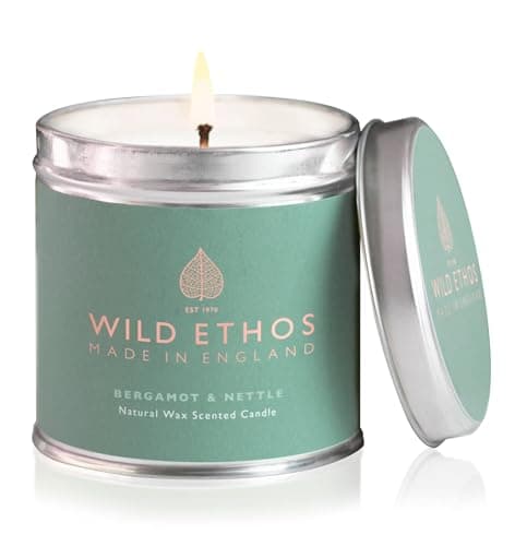 Image of Wild Ethos Naturals Premium Scented Natural Wax Tin Candle - Bergamot & Nettle Scent - Hand-Poured in UK - Burn Time 40+ Hours - Natural Ingredients for Less Smoke & Slow Burn