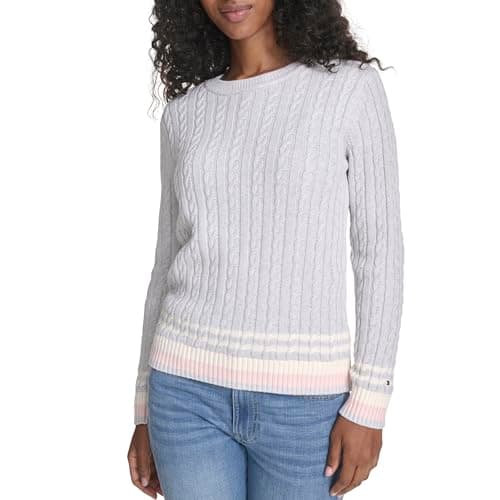 Image of Tommy Hilfiger Women's Cotton Crewneck Cable Sweater, Pearl Heather Grey Multi, XL