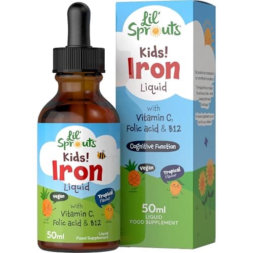 Image of Iron Drops for Kids | 50mL | with Vitamin C, B12, and Folic Acid | Tropical Flavoured Liquid Food Supplement | 10mg of Iron Per Serving | Vegan | by Lil' Sprouts