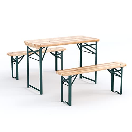Image of Warmiehomy Outdoor Folding Camping Table and Bench Set Wooden Garden Picnic Dining Table Benches Set of 2 for Patio Yard Swimming Pool BBQ Party (Tables: 117 x 56 x 76.5cm; Chairs: 117 x 24.5 x 46cm)
